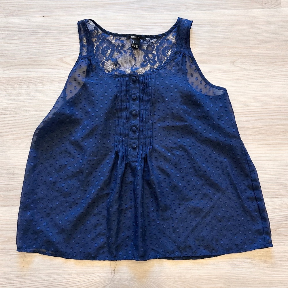Forever 21 Navy Blue Sheer Lace Tank Top - Size Small